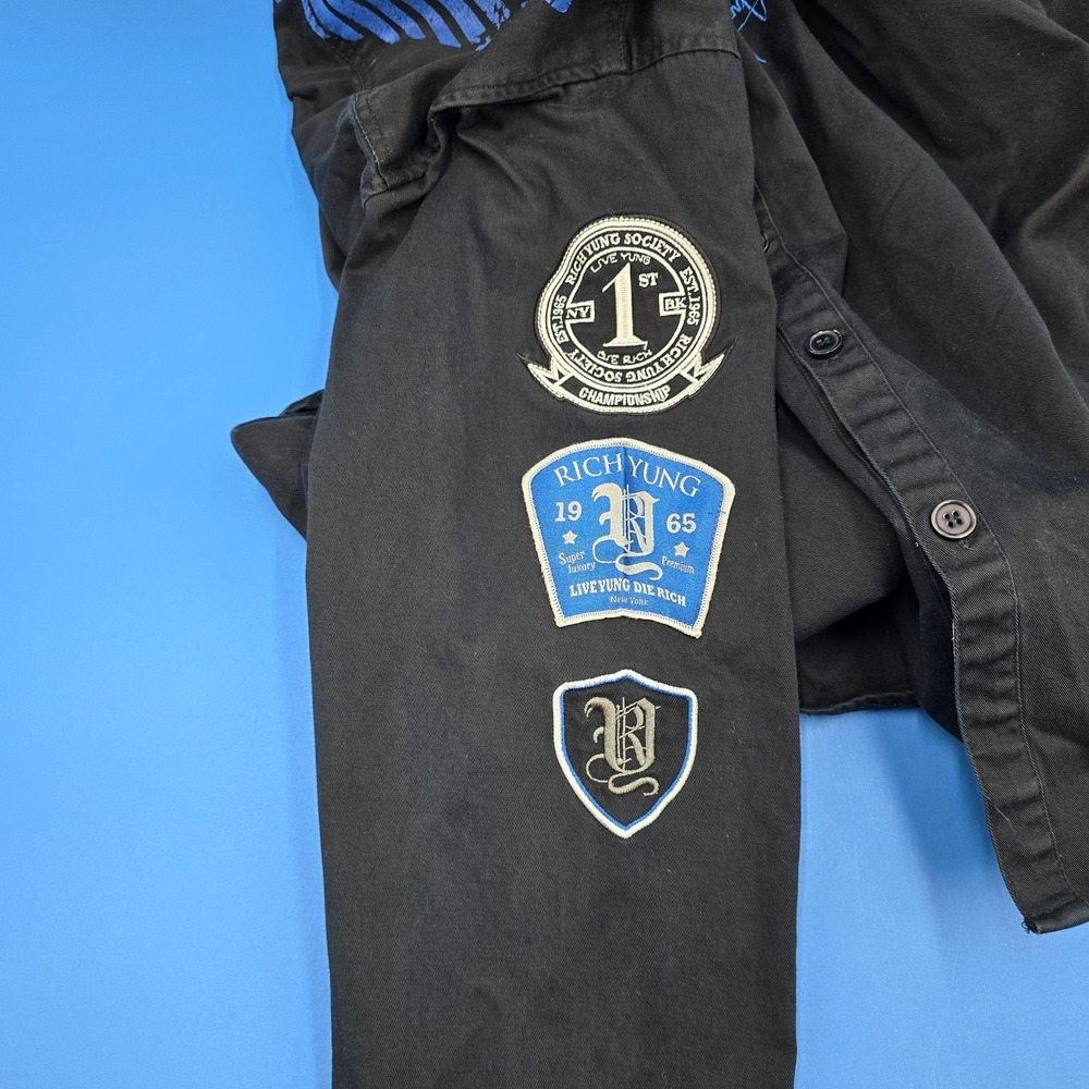 Rich Yung Society Black Button Up Shirt Jacket‎ Patches Wings Streetwear 3XL - Picture 3 of 8